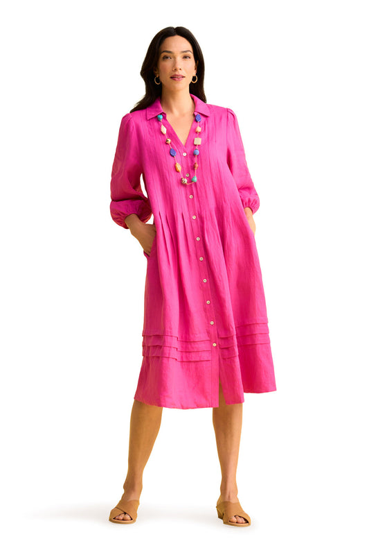 French Linen Puff Sleeve Dress - Bright Rose