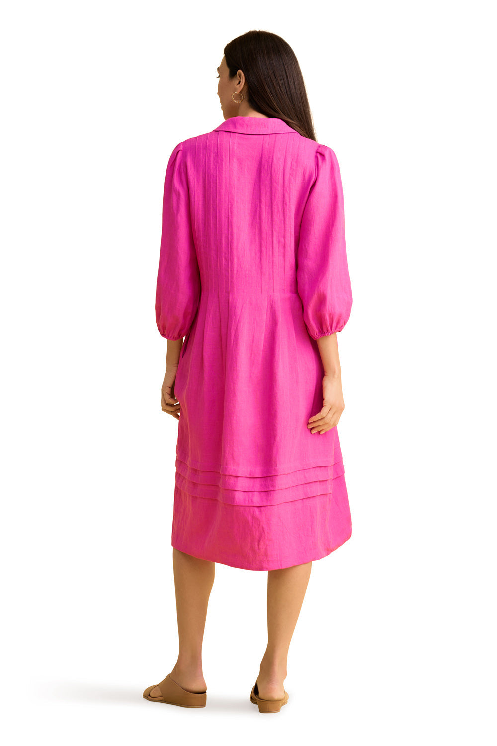 French Linen Puff Sleeve Dress - Bright Rose