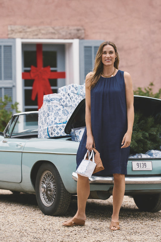 Linen Silk Midi Dress - Navy