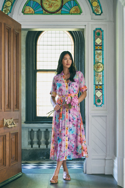 Spliced Print Shirt Dress - Janes Bouquet