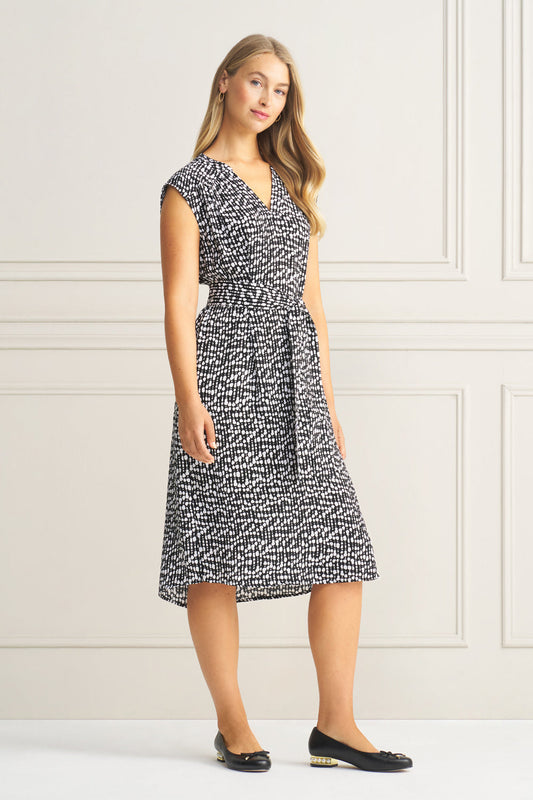 V-Neck Crepe Dress - Broken Spot Print