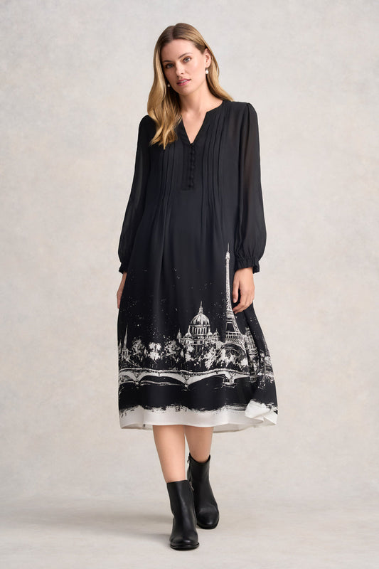 Pintuck Dress - Eiffel Border Print
