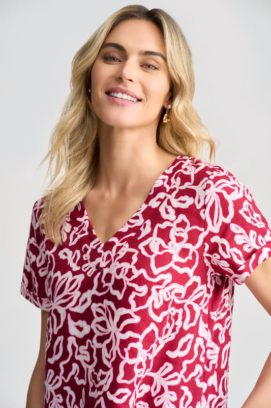 V-Neck Linen Dress - Pink & White Floral
