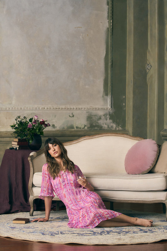 Georgette Ruffle Dress - Abstract Check