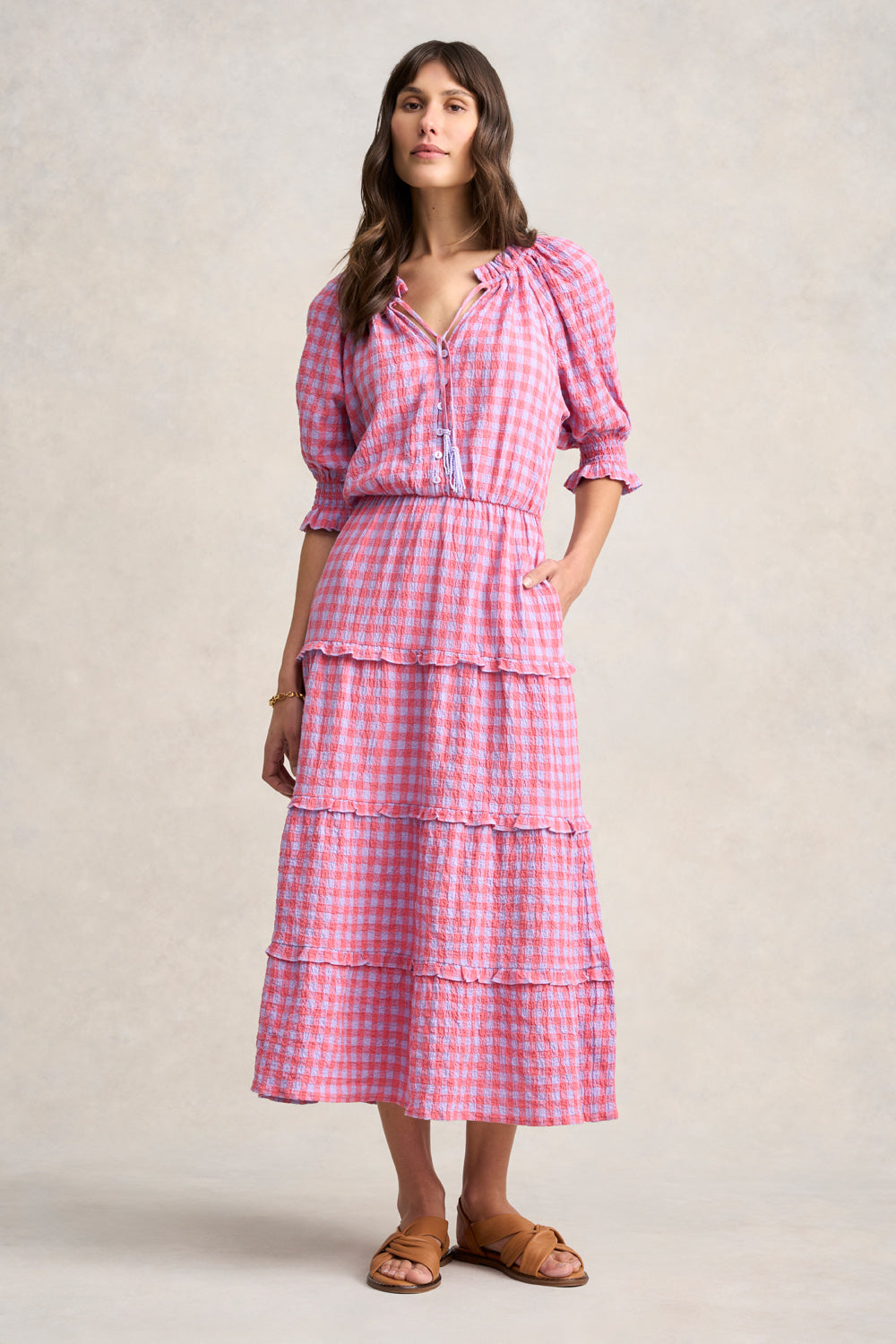 Cotton Gingham Tiered Dress - Lilac & Coral Gingham
