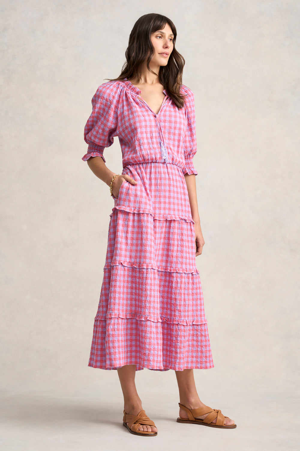 Cotton Gingham Tiered Dress - Lilac & Coral Gingham