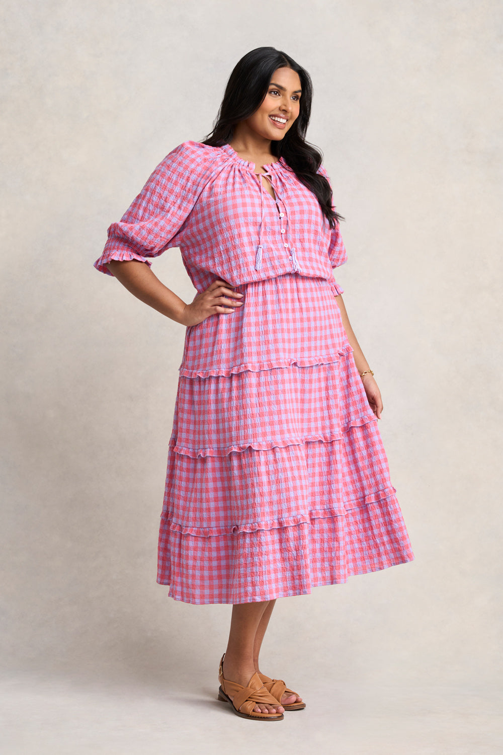 Cotton Gingham Tiered Dress - Lilac & Coral Gingham