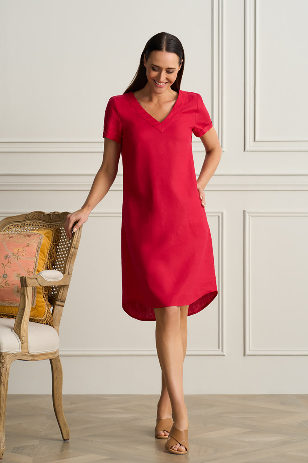 V-Neck Linen Dress - Rouge