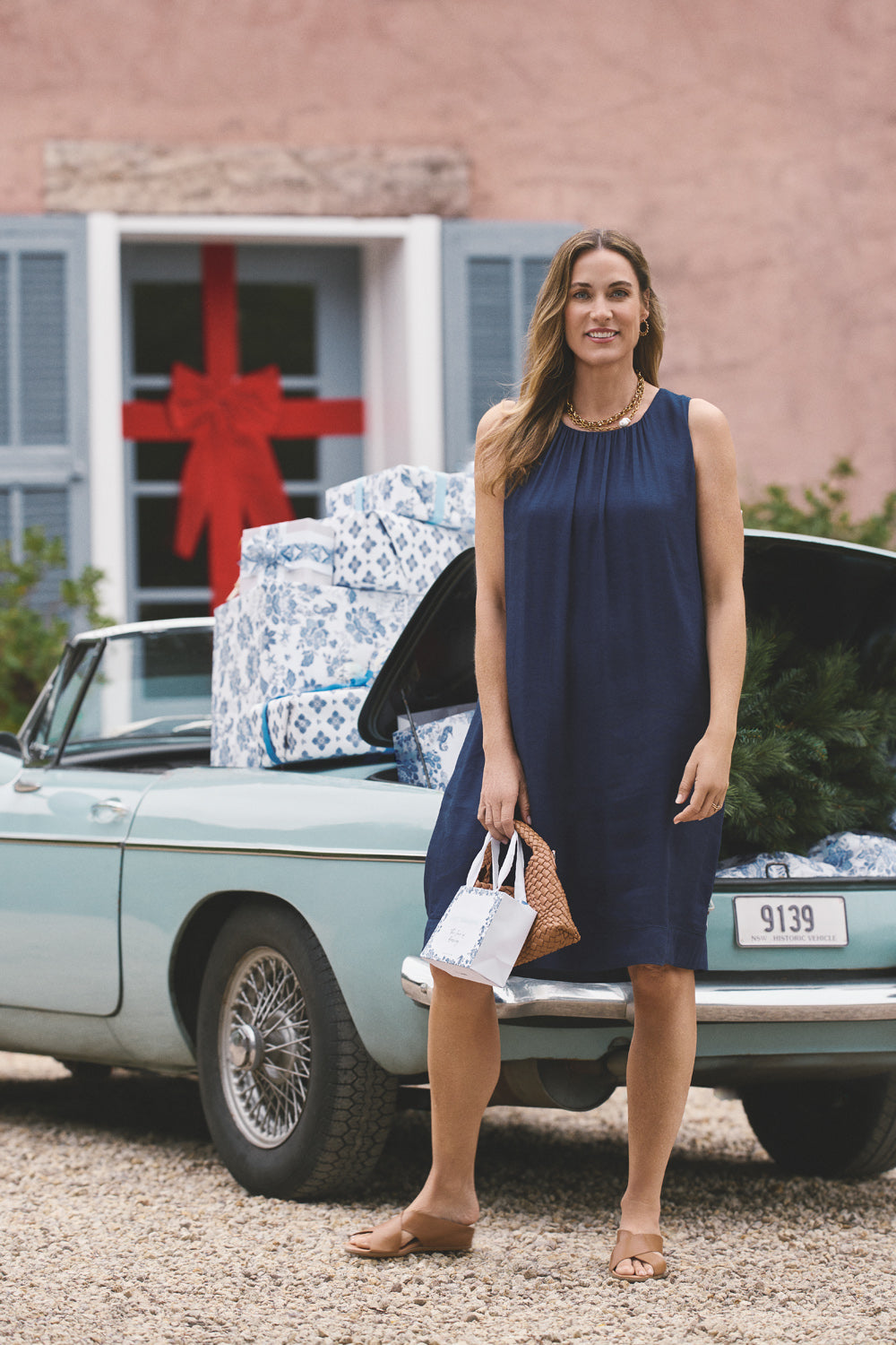 Linen Silk Midi Dress - Navy