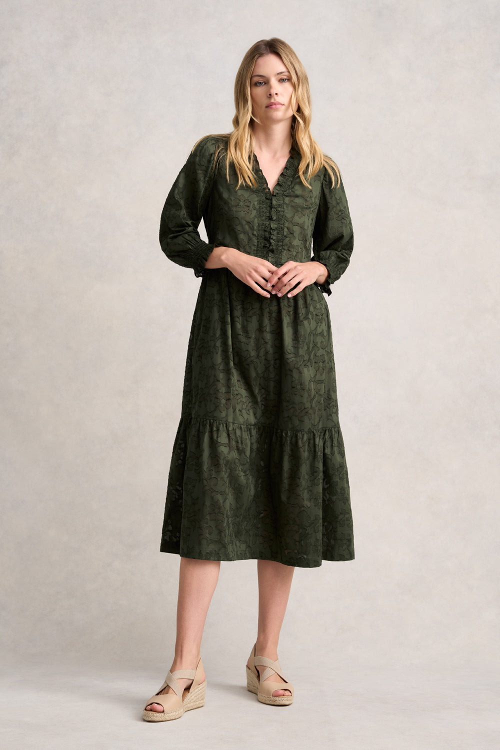 Cotton Jacquard Tiered Dress - Deep Olive