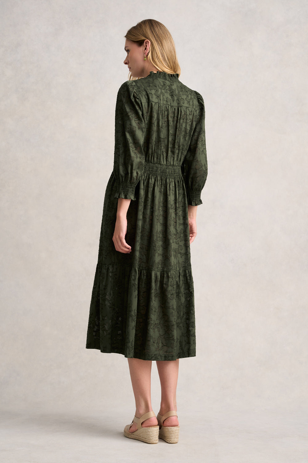 Cotton Jacquard Tiered Dress - Deep Olive