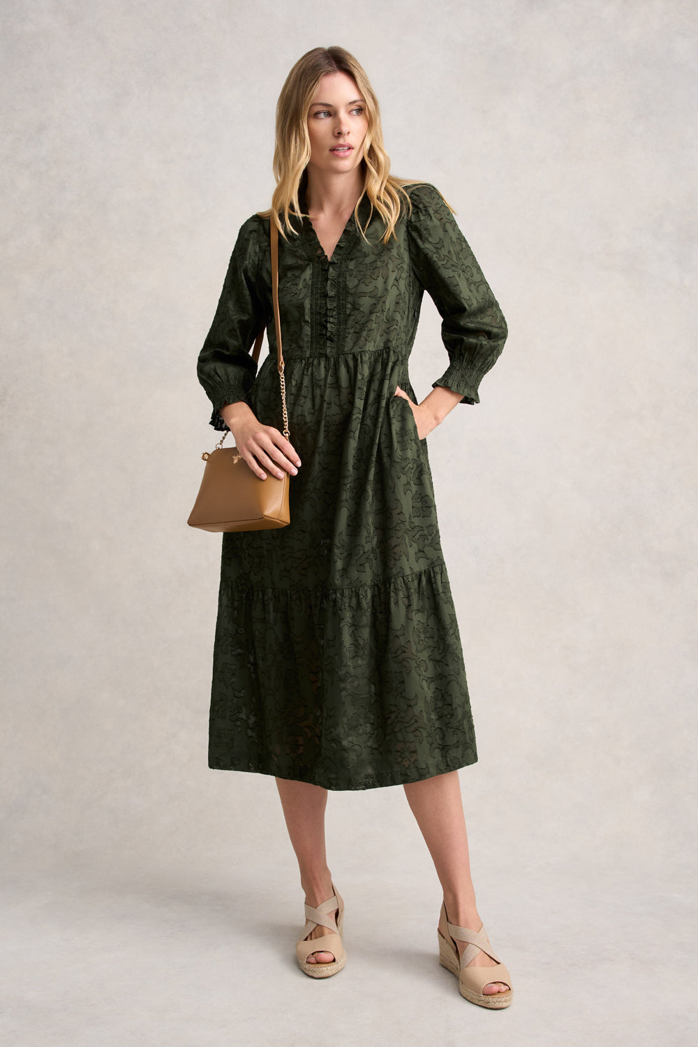 Cotton Jacquard Tiered Dress - Deep Olive