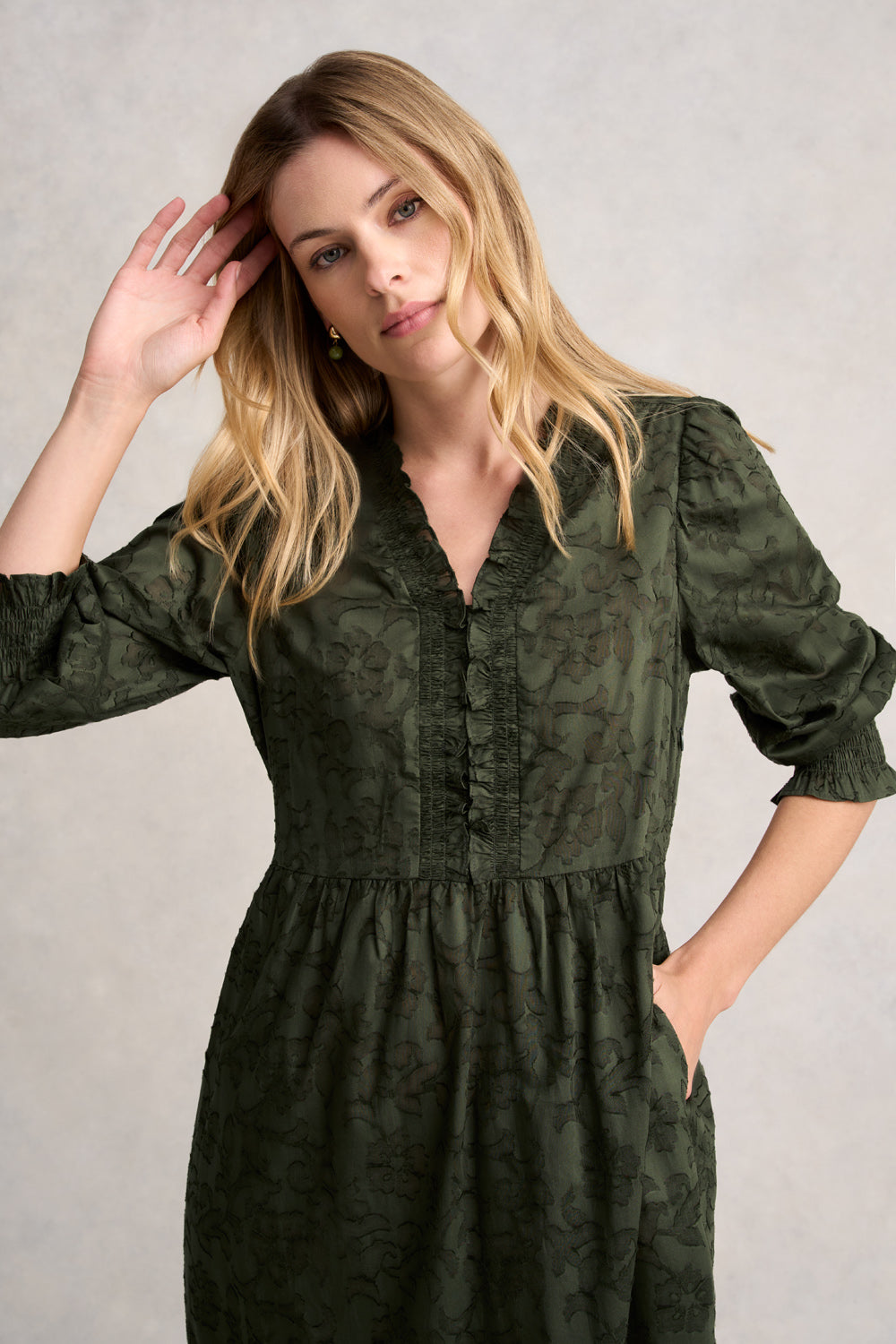 Cotton Jacquard Tiered Dress - Deep Olive