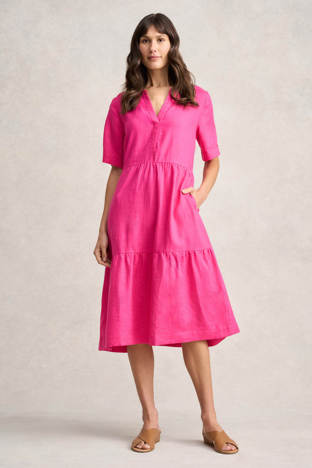 Tiered Linen Dress - Hot Pink