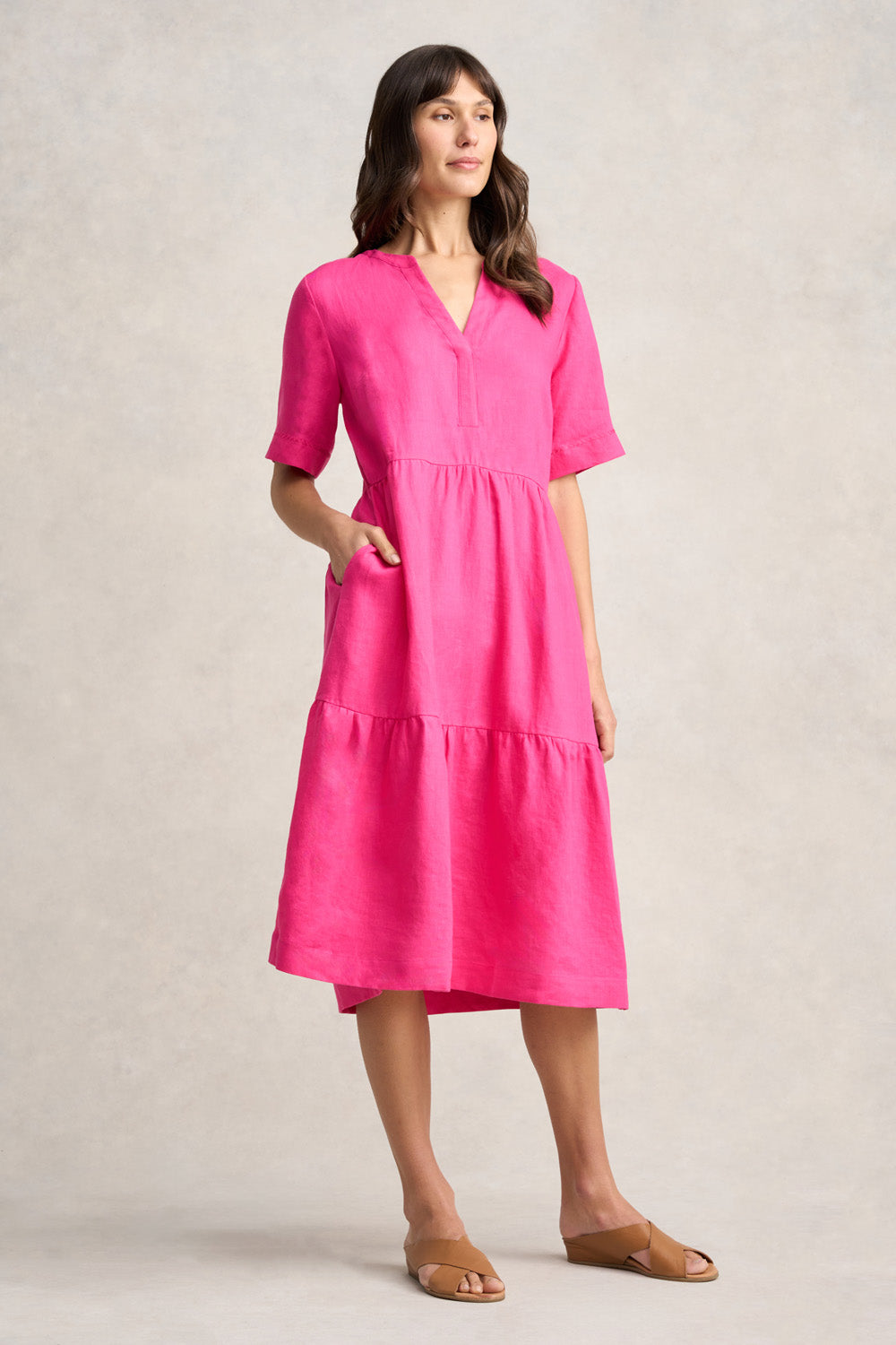 Tiered Linen Dress - Hot Pink