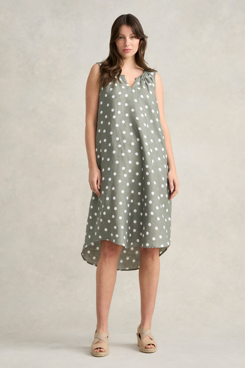 Gathered French Linen Dress - Olive Polka Dot