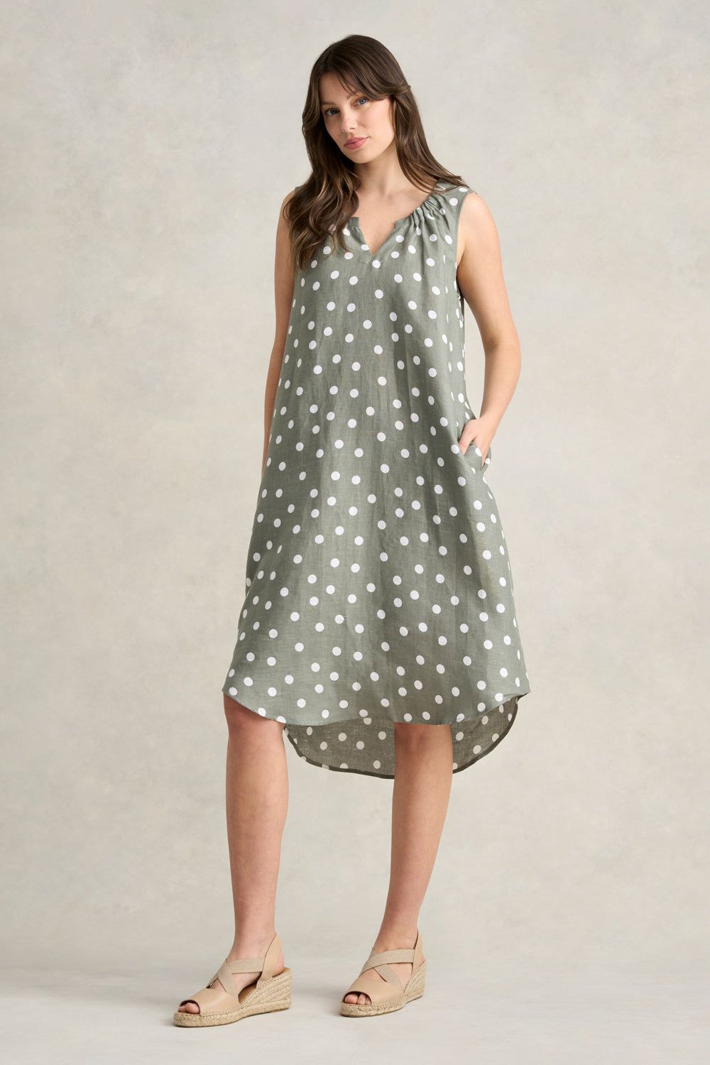 Gathered French Linen Dress - Olive Polka Dot