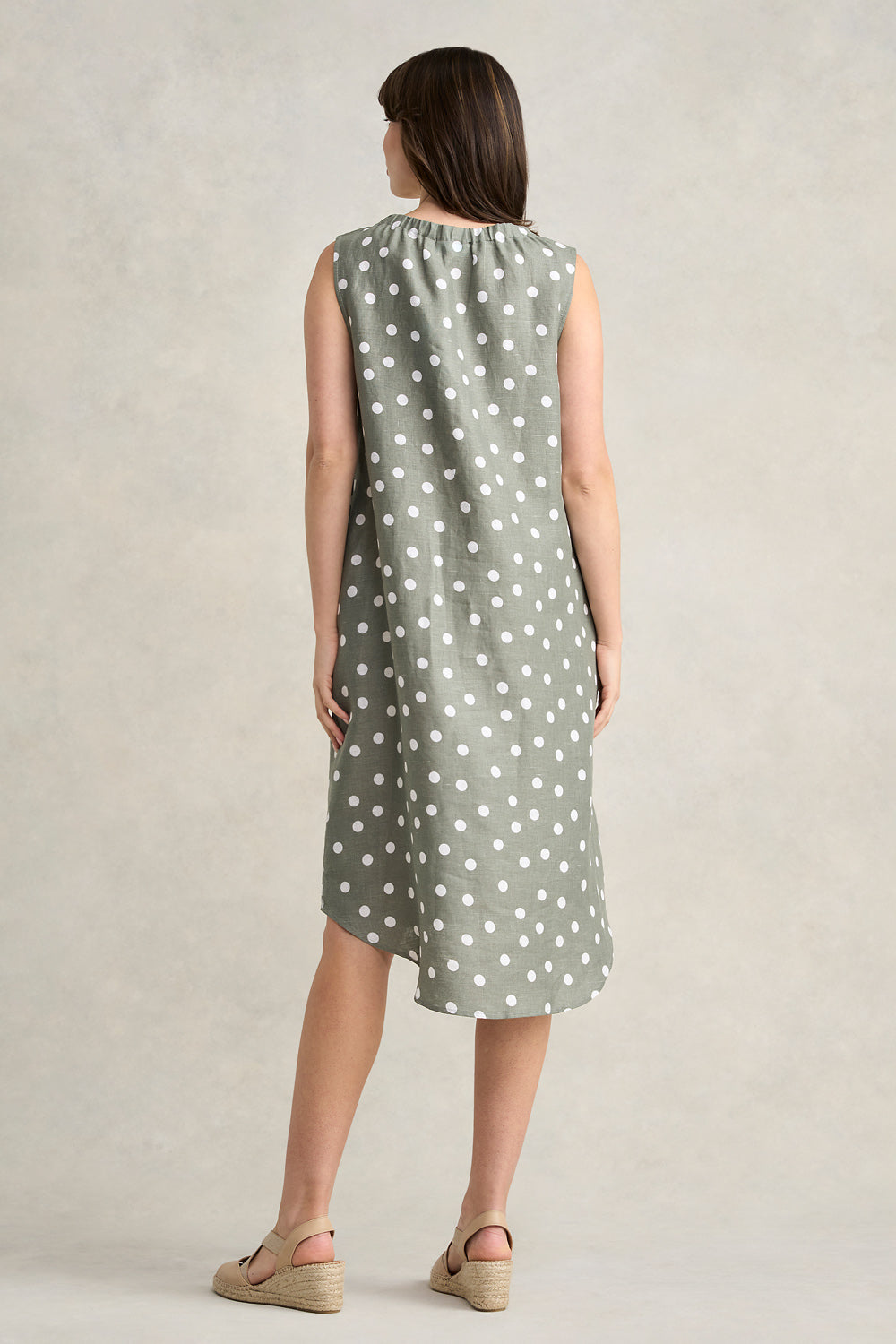 Gathered French Linen Dress - Olive Polka Dot