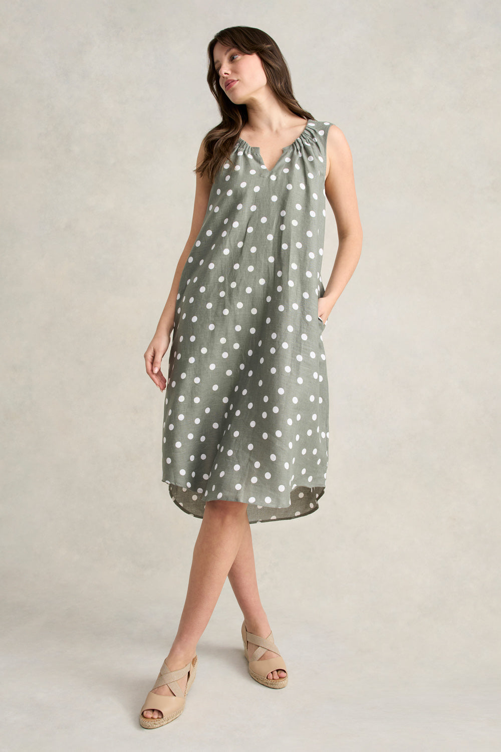 Gathered French Linen Dress - Olive Polka Dot