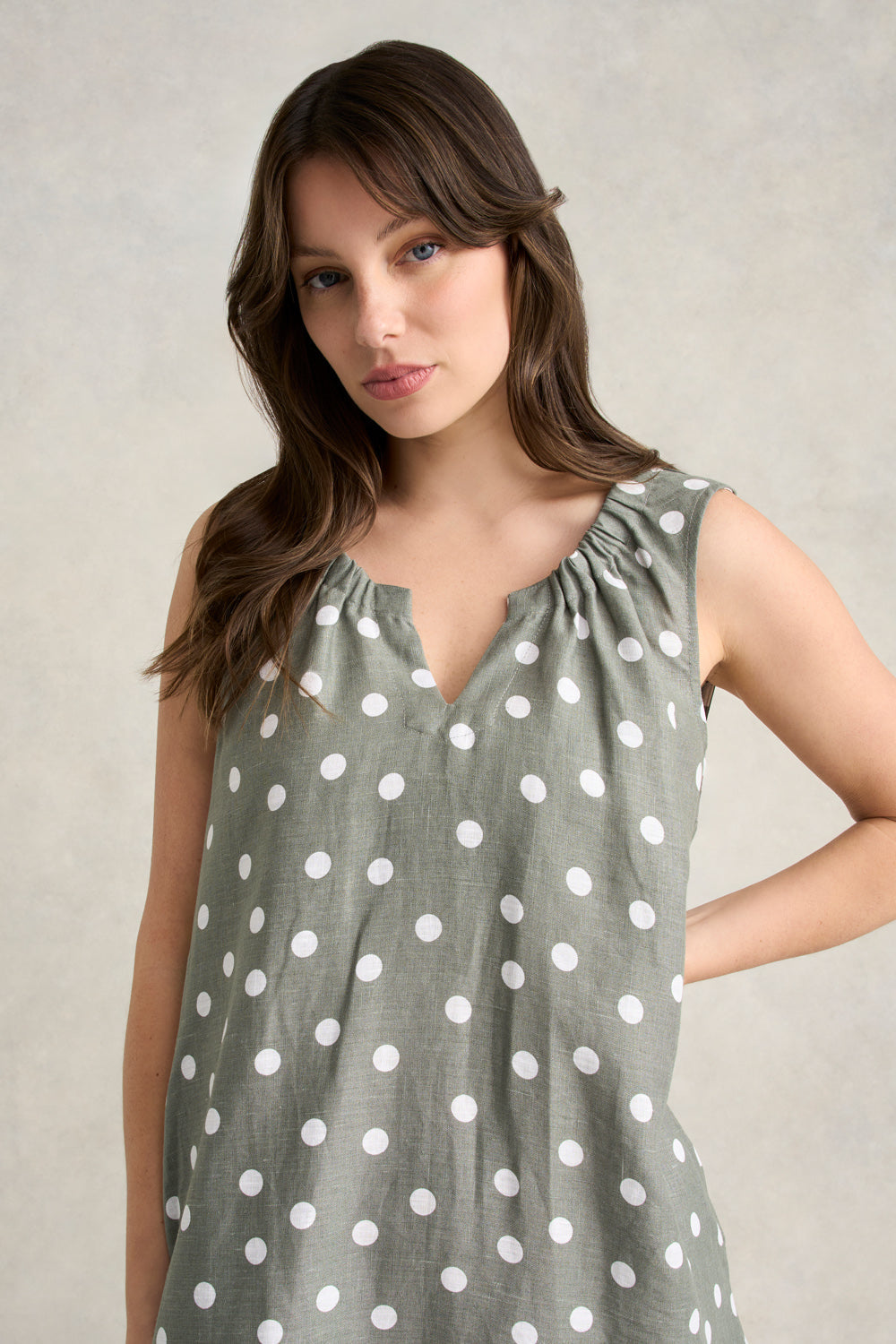 Gathered French Linen Dress - Olive Polka Dot