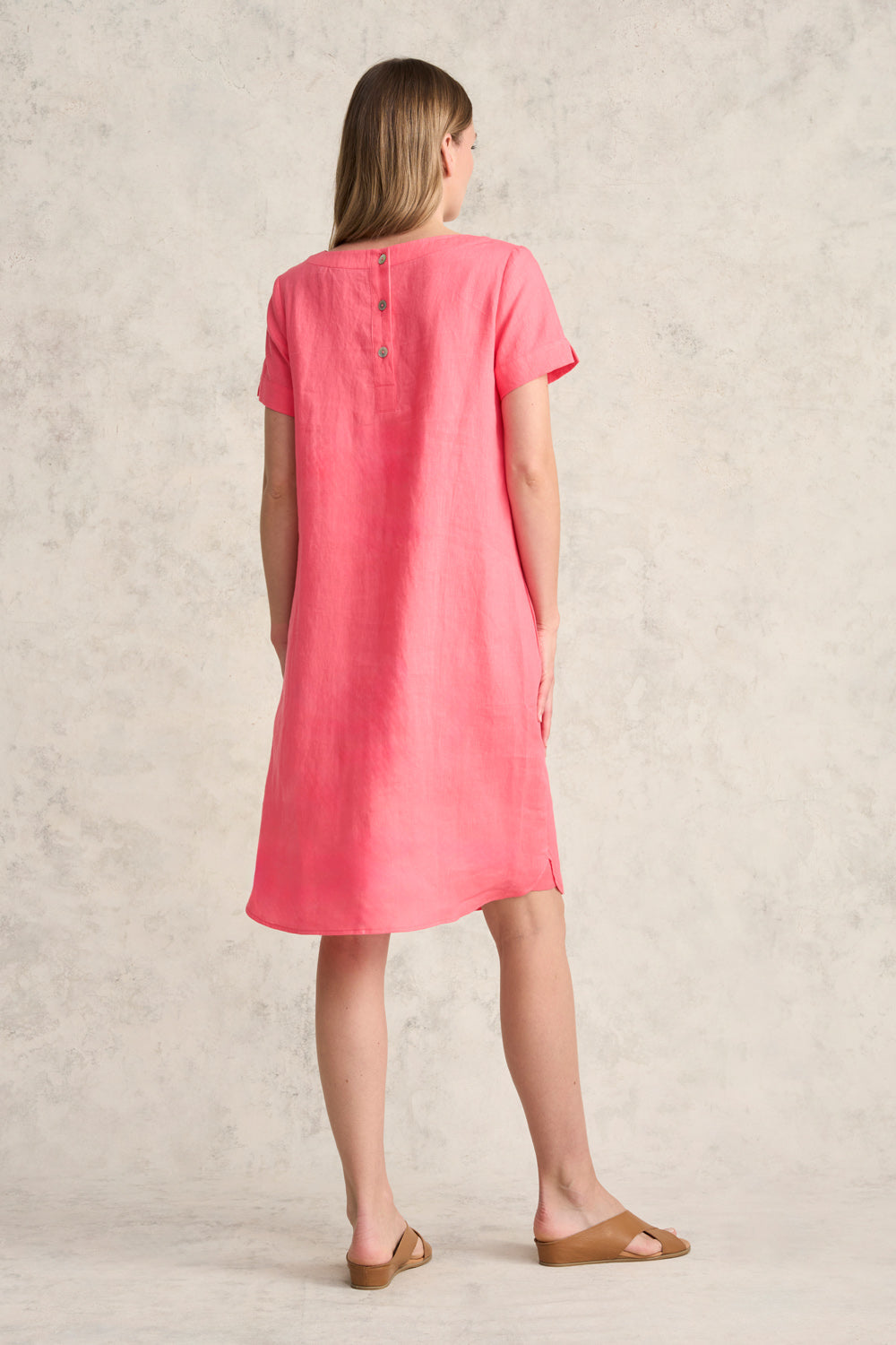 Scoop Neck Linen Dress - Coral